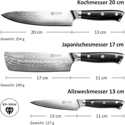 PAUDIN 3-tlg Küchenmesser Set, Damastmesser Set aus 67 Schichten VG10 Damaststahl mit G10 Griff – Ch