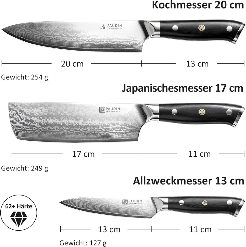 PAUDIN 3-tlg Küchenmesser Set, Damastmesser Set aus 67 Schichten VG10 Damaststahl mit G10 Griff – Ch