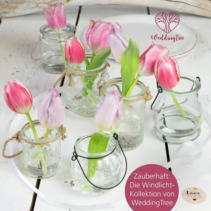 WeddingTree 12 x Windlicht Glas mit Bügel - Teelichtgläser - Einfach Abnehmbarer Metallbügel - Deko