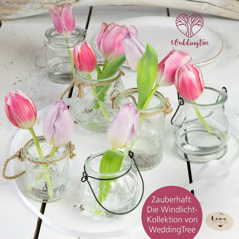 WeddingTree 12 x Windlicht Glas mit Bügel - Teelichtgläser - Einfach Abnehmbarer Metallbügel - Deko