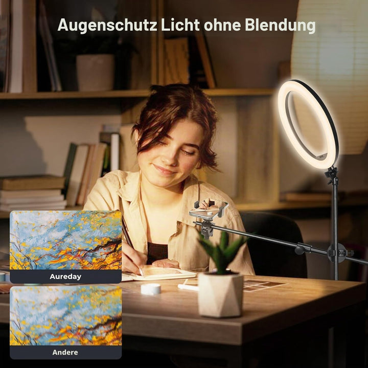 Aureday Ringlicht mit Stativ, 12 Zoll Selfie Ringlicht mit 62 Zoll Stativ Ständer Overhead-Aufnahme