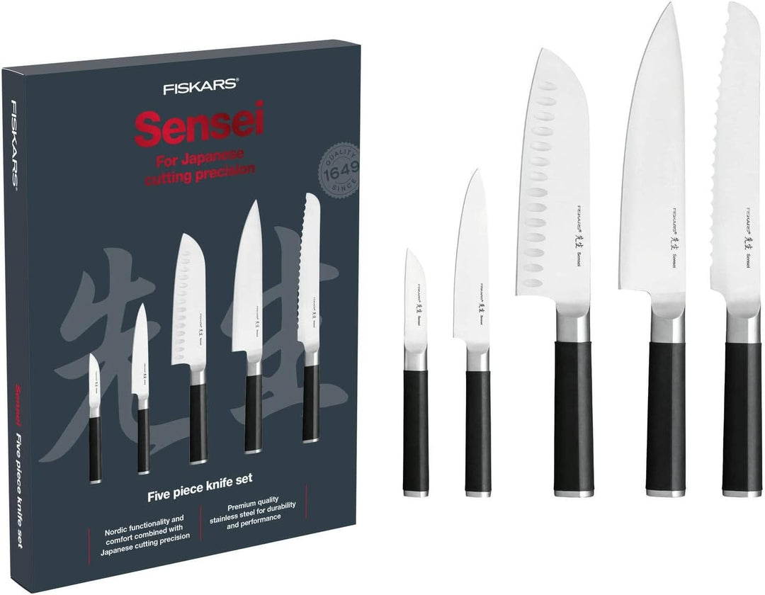Fiskars Messer-Set, Sensei, 5-teilig, Kochmesser, Brotmesser, Santoku-Messer, Gemüsemesser, Schälmes