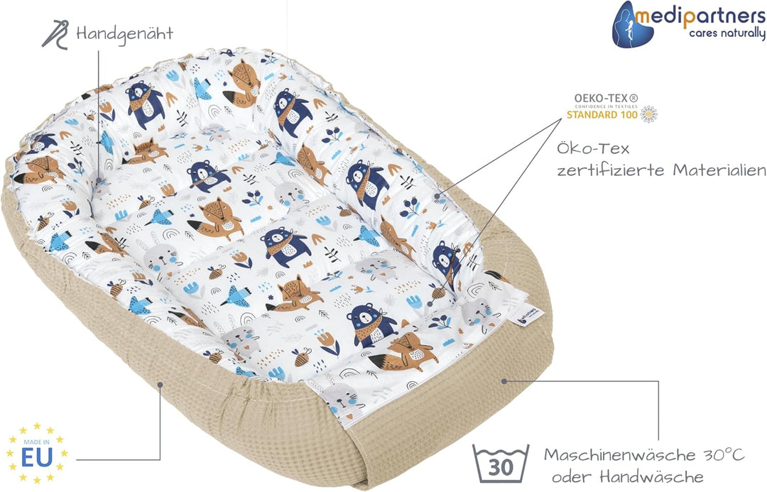 Medi Partners Babynest Kuschelnest Babynestchen 100% Baumwolle Waffle Nestchen Reisebett für Babys S