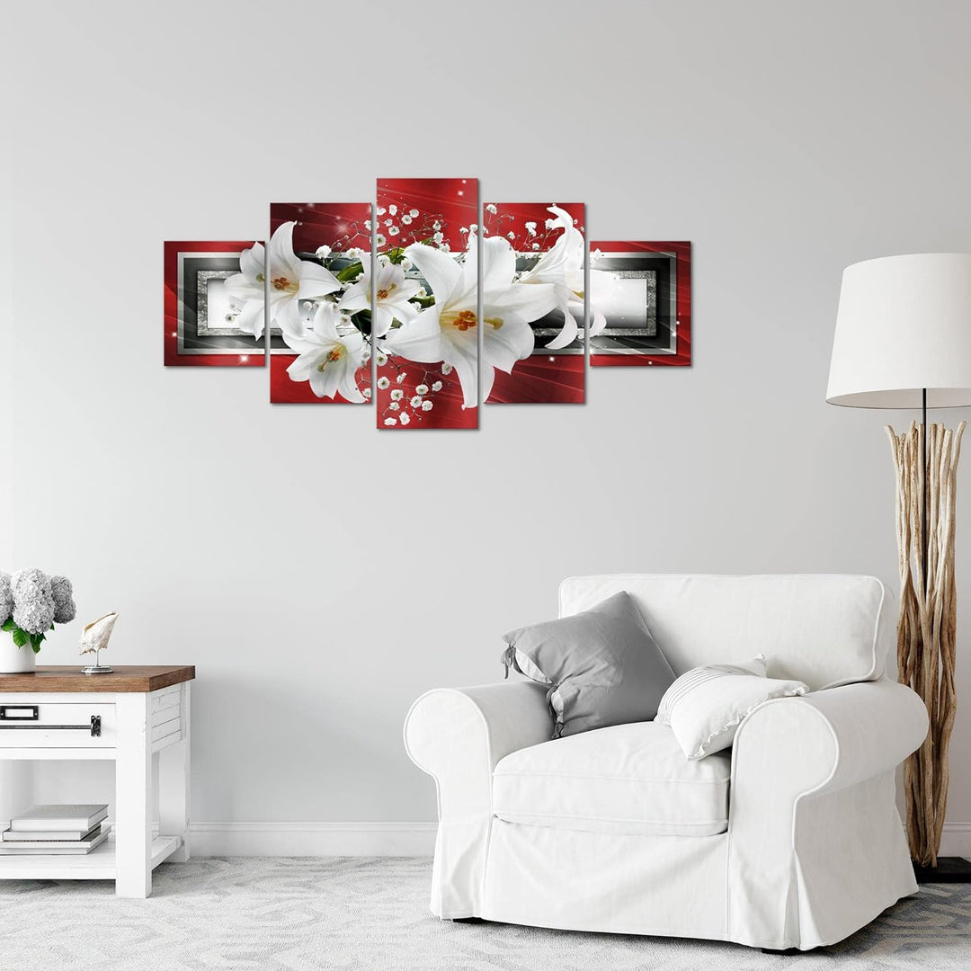 Runa Art Wandbilder Blumen Lilien 5 Teilig Bild auf Vlies Leinwand Deko Wohnzimmer Abstrakt Rot Grau