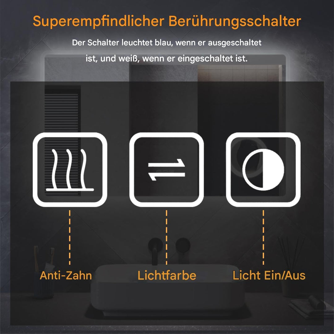LED Badspiegel 100 x 60 cm Spiegel Bad mit Beleuchtung, 3 Farbe modi, Steckdose, 3X Lupe, Anti-Besch