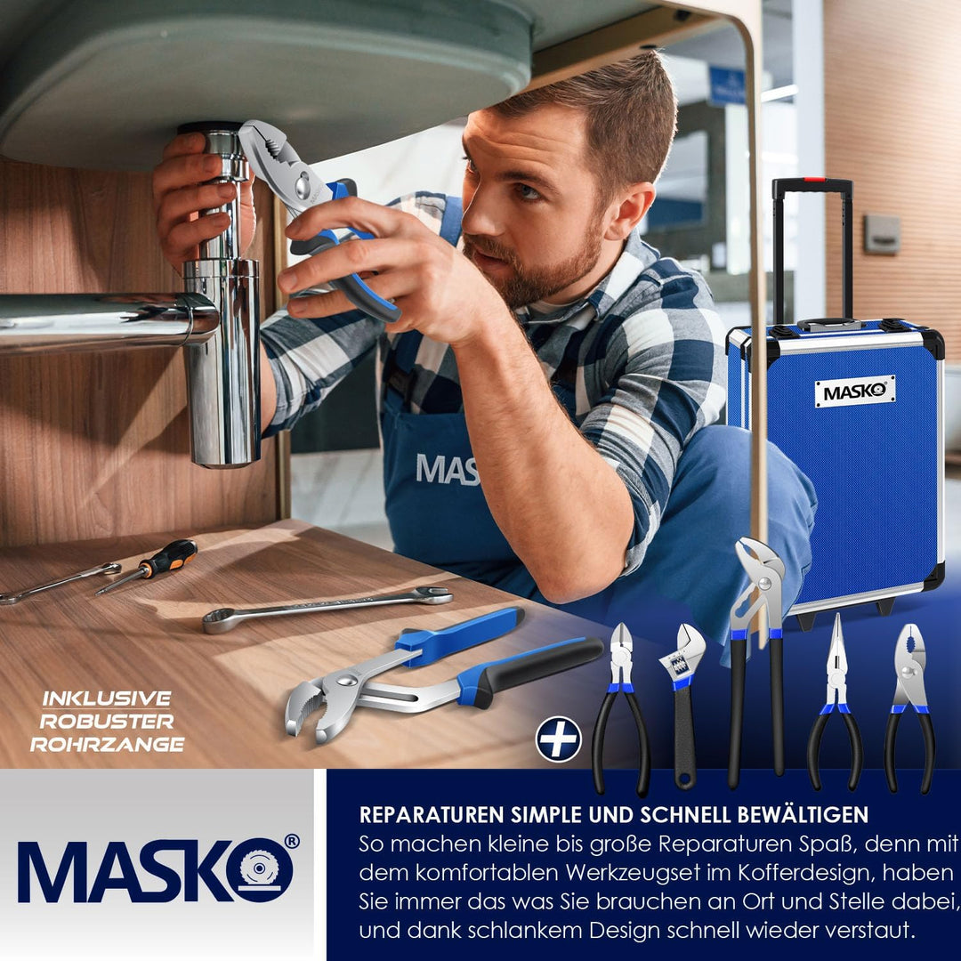 MASKO® Werkzeugkoffer 1299-teilig gefüllt | Werkzeugset im Aluminiumkoffer | Werkzeugkasten mit Roll