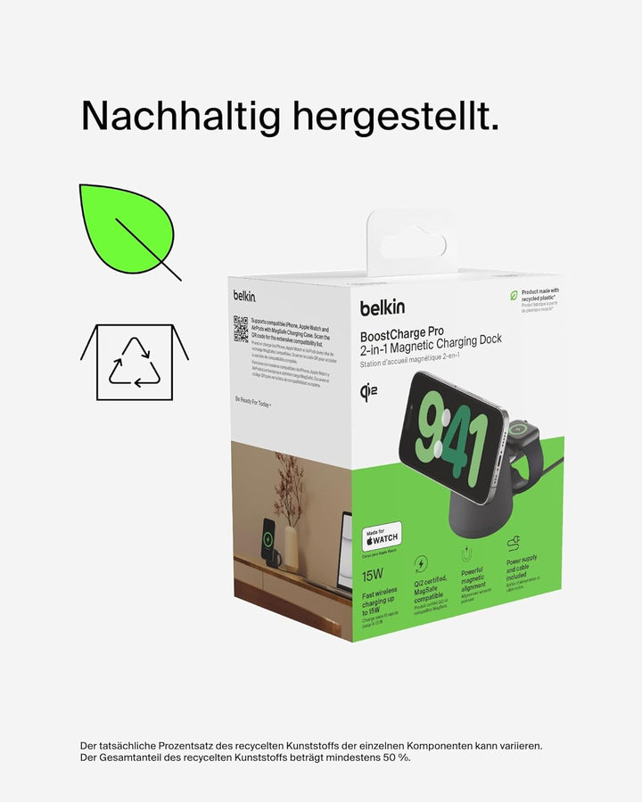 Belkin BoostCharge Pro Kabellose 2-in-1-Ladestation mit Qi2, 15W, MagSafe-Kompatibles Ladegerät für