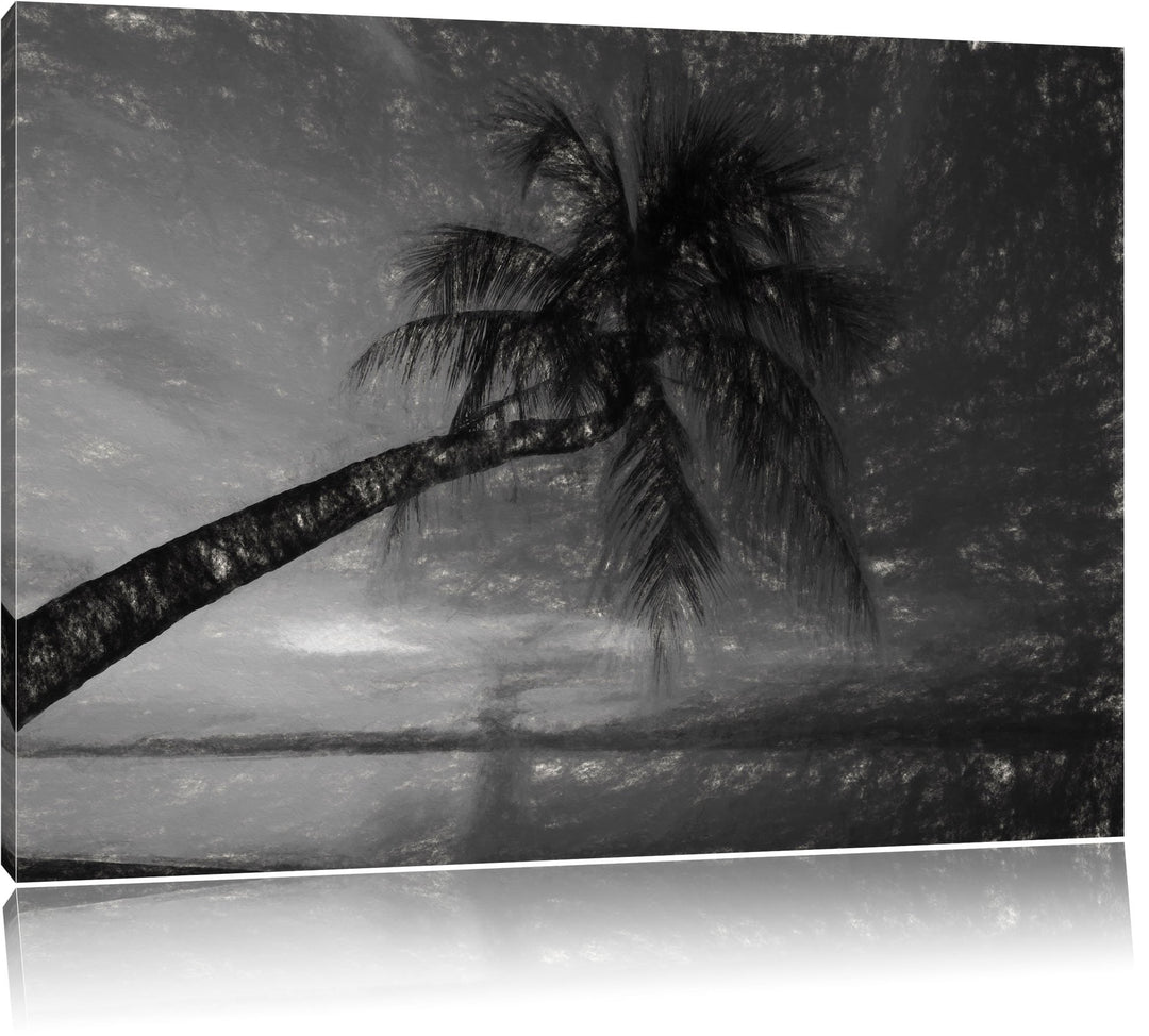 Pixxprint Palme am Meer mit Sonnenuntergang als Leinwandbild/Grösse: 100x70 / Wandbild/Kunstdruck/fe