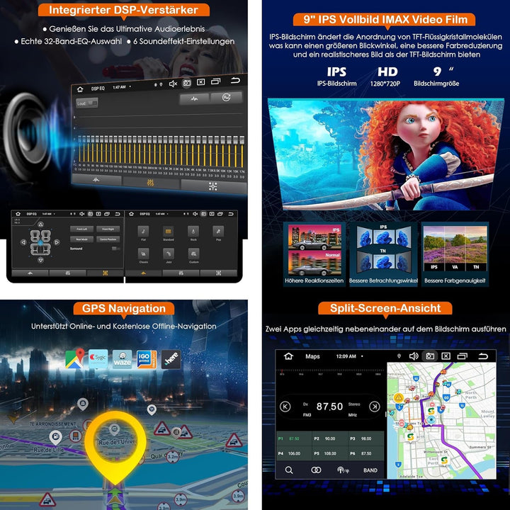 Erisin Android 14 9 Zoll 4GB RAM+64GB ROM 8-Kern Autoradio GPS Navi für VW Passat B6 Golf V VI Toura