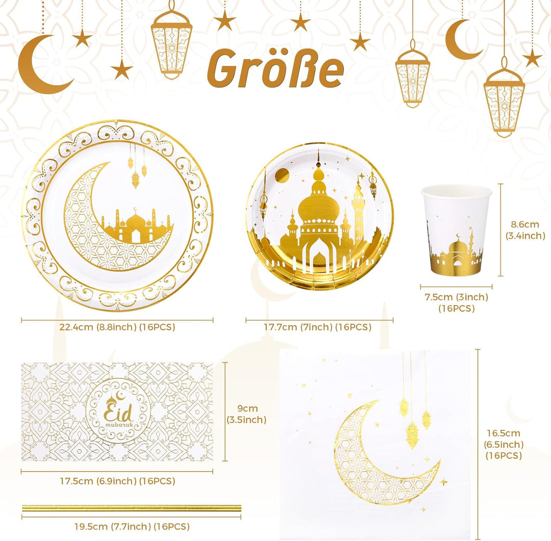 GWHOLE 96 Stück Ramadan Eid Mubarak Partygeschirr Ramadan Geschirr Ramadan Festival Thema Geschirr P