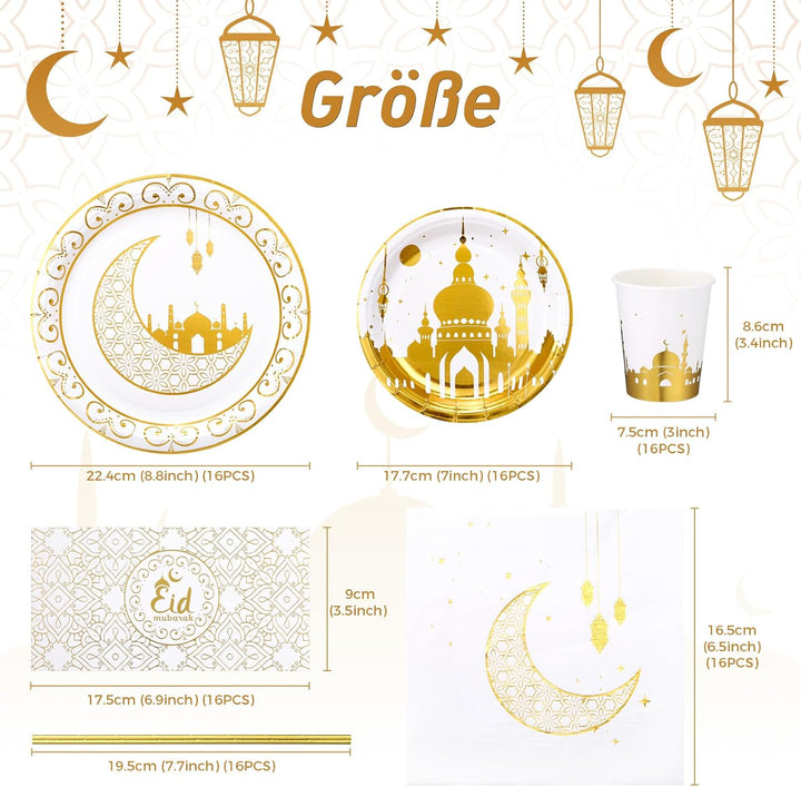 GWHOLE 96 Stück Ramadan Eid Mubarak Partygeschirr Ramadan Geschirr Ramadan Festival Thema Geschirr P