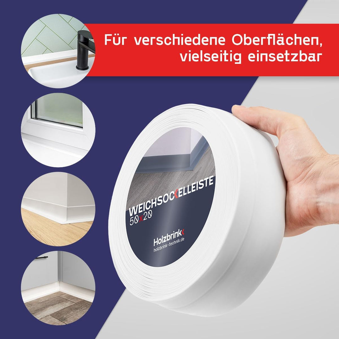 HOLZBRINK Weichsockelleiste selbstklebend WEISS Knickleiste, 50x20mm, 25 Meter 25m Weiss, 25m Weiss