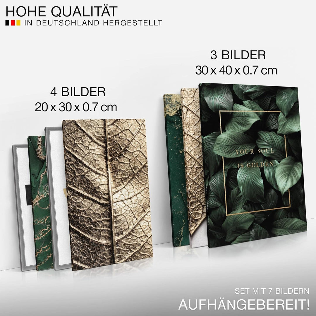 Novart Wandbilder Abstrakt Figuren Blätter - KOMPLETT AUFHÄNGFERTIG - Gold Grün Wohnzimmer Schlafzim