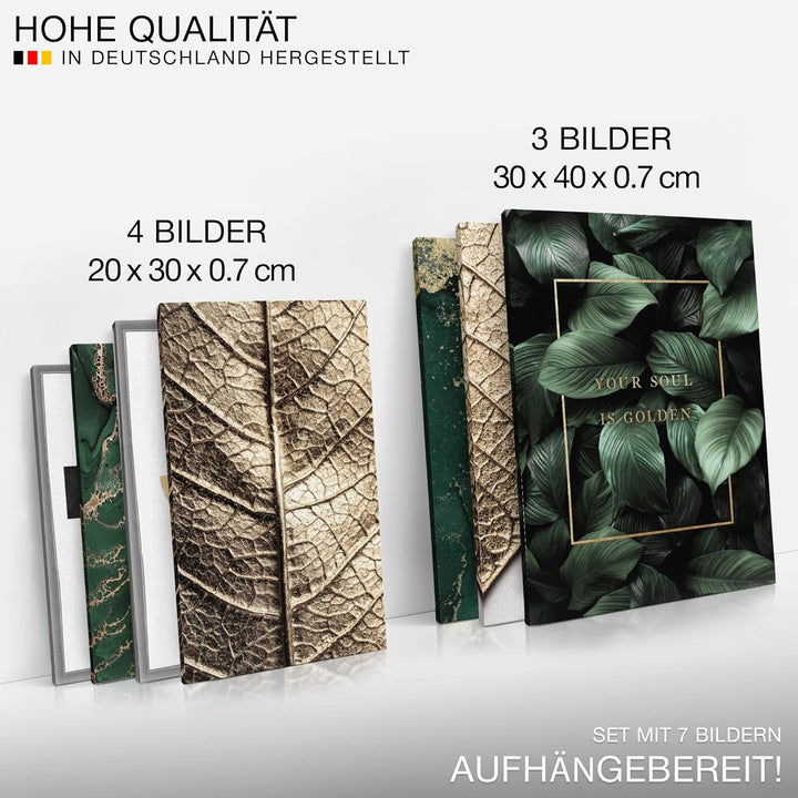 Novart Wandbilder Abstrakt Figuren Blätter - KOMPLETT AUFHÄNGFERTIG - Gold Grün Wohnzimmer Schlafzim