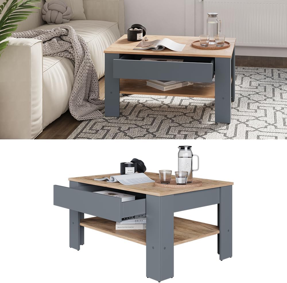 Vicco Couchtisch Milan, Wohnzimmertisch mit Schublade, Anthrazit/Goldkraft Eiche, 92.2 x 65 cm, Anth
