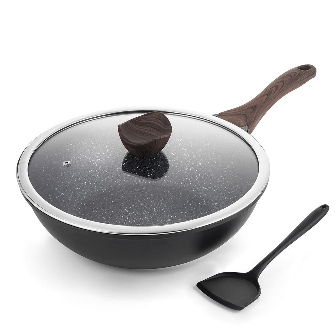 Kordisen Wokpfanne induktion, 30,5 cm Nonstick Wokpfanne mit Deckel, Woks & Bratpfannen, Granitstein