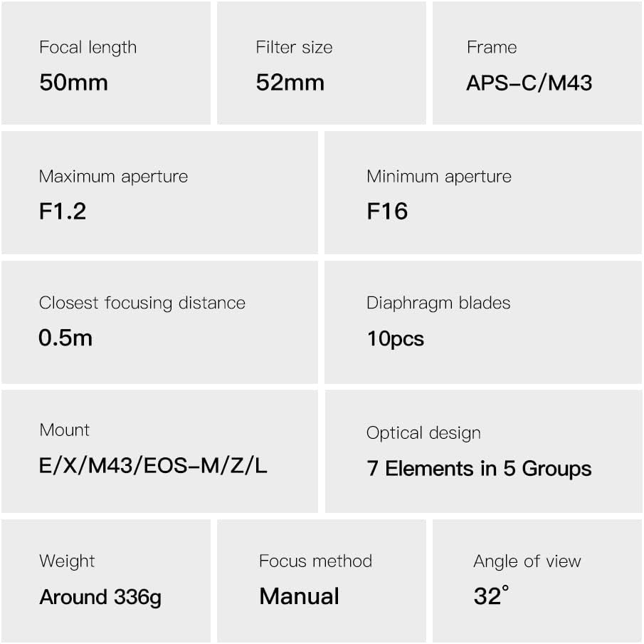 TTARTISAN 50mm F1.2 APS-C Kameraobjektiv Grosse Blende Manueller Fokus Festobjektiv Kompatibel mit F