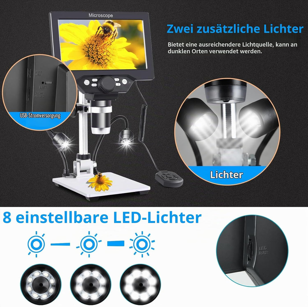 Koolertron LCD Digital Mikroskop, 7 Zoll 1080P USB Mikroskop mit Licht und Fernbedienung, Mikroskopk