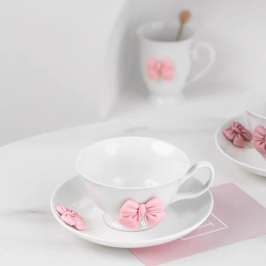 200 ML Kaffeetassen Set mit Untertasse Keramik Tasse mit Schleife und Henkel Violett Rosa Schleife K