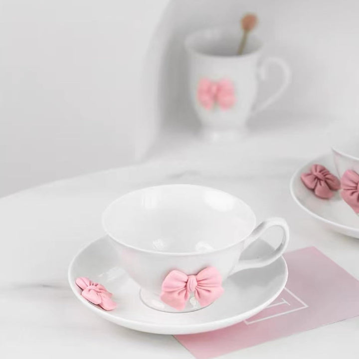 200 ML Kaffeetassen Set mit Untertasse Keramik Tasse mit Schleife und Henkel Violett Rosa Schleife K