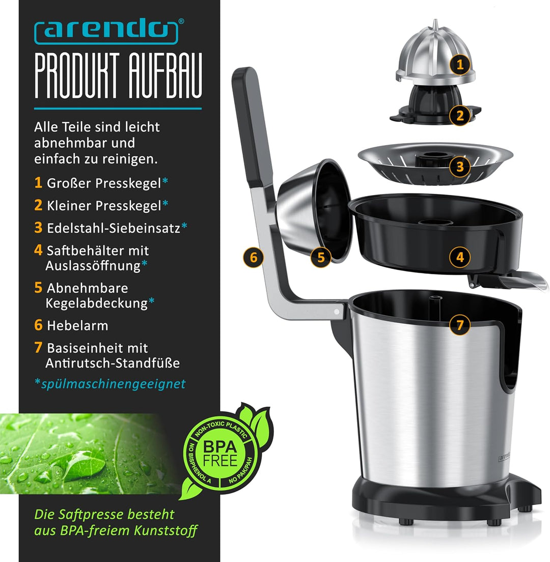 Arendo - Edelstahl Saftpresse elektrisch 1000 Watt - Zitruspresse Orangenpresse Entsafter - Hochleis