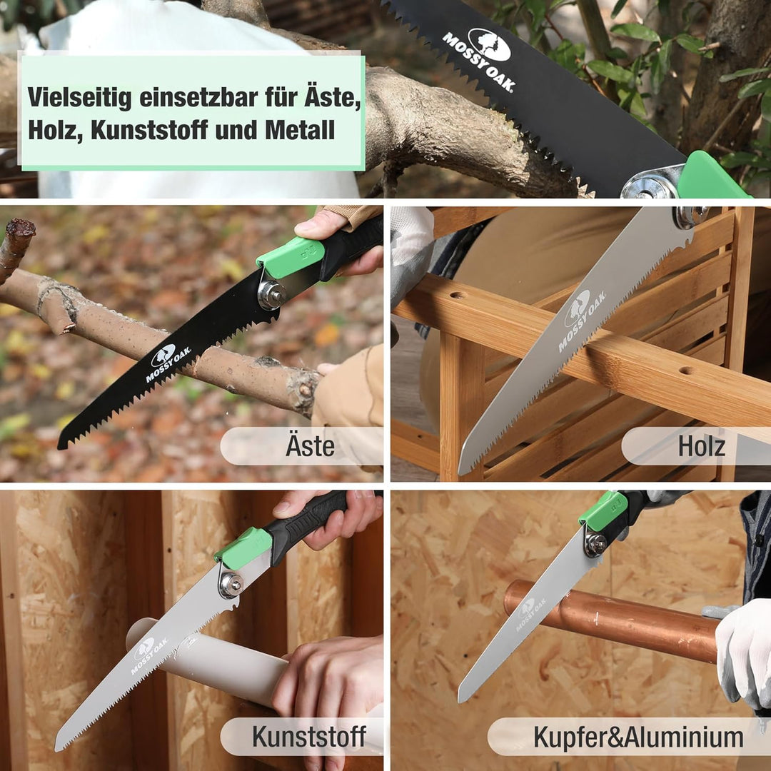 Mossy Oak 3 in 1 Handsäge Astsäge klappbar inkl. 3 scharfe Klingen aus Cr-V, Multifunktions Klappsäg