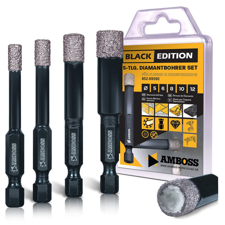 Fliesenbohrer Set Ø 5, 6, 8, 10, 12 mm (5 tlg.) /Sechskant Aufnahme - Amboss Black Edition Diamantbo