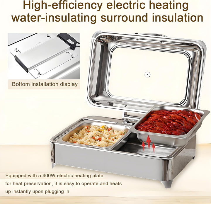 Elektrischer Chafing Dish Glasdeckel, 9L Edelstahl Speisewärmer Buffetwärmer Elektrisch Einstellbare