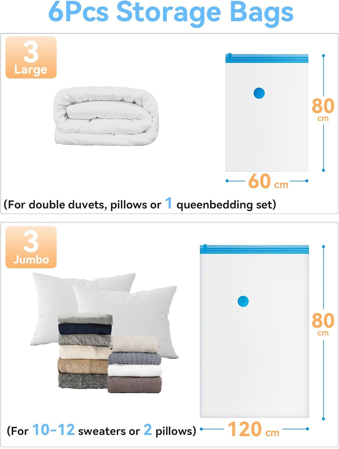 HEETA 6 Stück Vakuumbeutel für Kleidung(3 Jumbo+3 Gross) Vakuum Wiederverwendbar Kleiderbeutel mit A