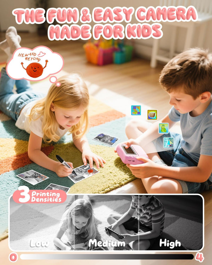 CAMCLID Kinderkamera Sofortbildkamera, 1080P Sofortbildkamera Kinder mit 32GB Karte & 3 Rollen Druck