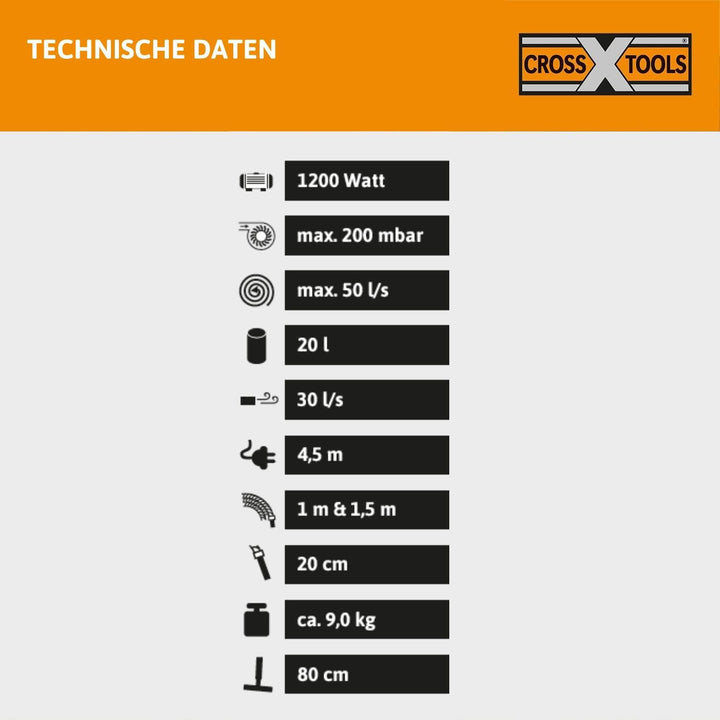Cross Tools 4in1 Nass-Trocken-Aschesauger mit Blasfunktion (3,5 m Teleskop Saugrohr, 20 Liter Behält