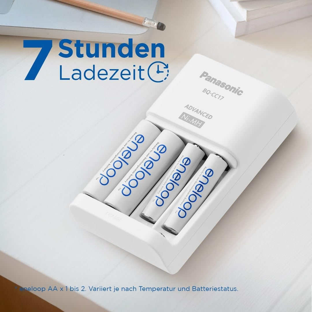 Panasonic eneloop Smart Ladegerät für 1–4 AA/AAA NI-MH-Akkus, mit 4 LED-Anzeigen und 7 Sicherheitsfu