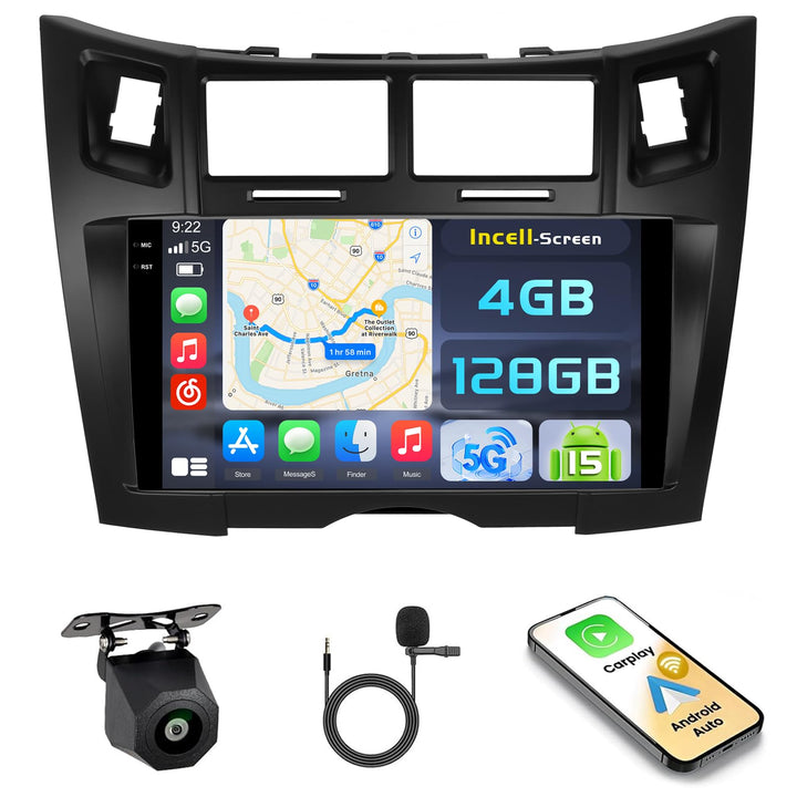 Hikity Android 15 4+128GB Autoradio für Toyota Yaris/Vitz 2005-2011 mit 9 Zoll Incell Touchscreen, A