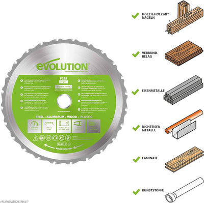 Evolution Elektrowerkzeuge - FURY Mehrzweck-Sageblatt mit Wolframkarbidbeschichtung, 255 mm Mehrzwec