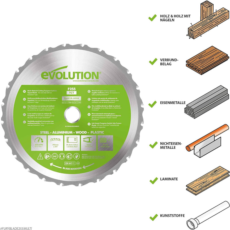 Evolution Elektrowerkzeuge - FURY Mehrzweck-Sageblatt mit Wolframkarbidbeschichtung, 255 mm Mehrzwec