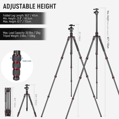 Neewer Kohlefaser 168 Zentimeter Stativ Einbeinstativ mit 360 Grad Kugelkopf, 1/4'' Schnellschuhplat