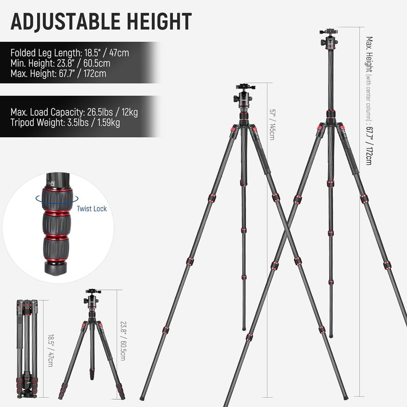 Neewer Kohlefaser 168 Zentimeter Stativ Einbeinstativ mit 360 Grad Kugelkopf, 1/4&