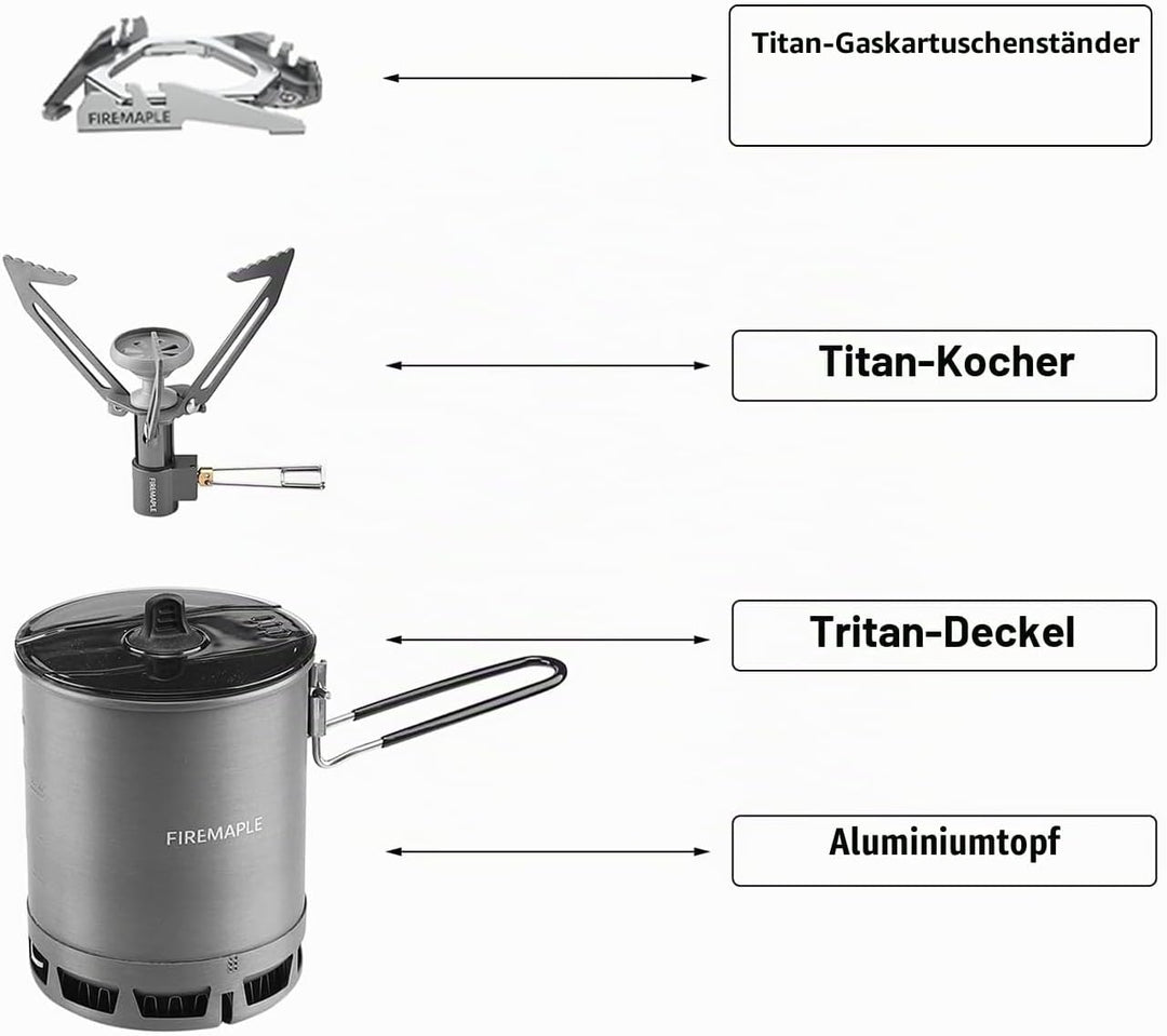 Fire-Maple G3 Camping-Küchenset Ultraleicht mit Aluminium-Topf, Titan-Kocher, Gabel und Löffel aus T