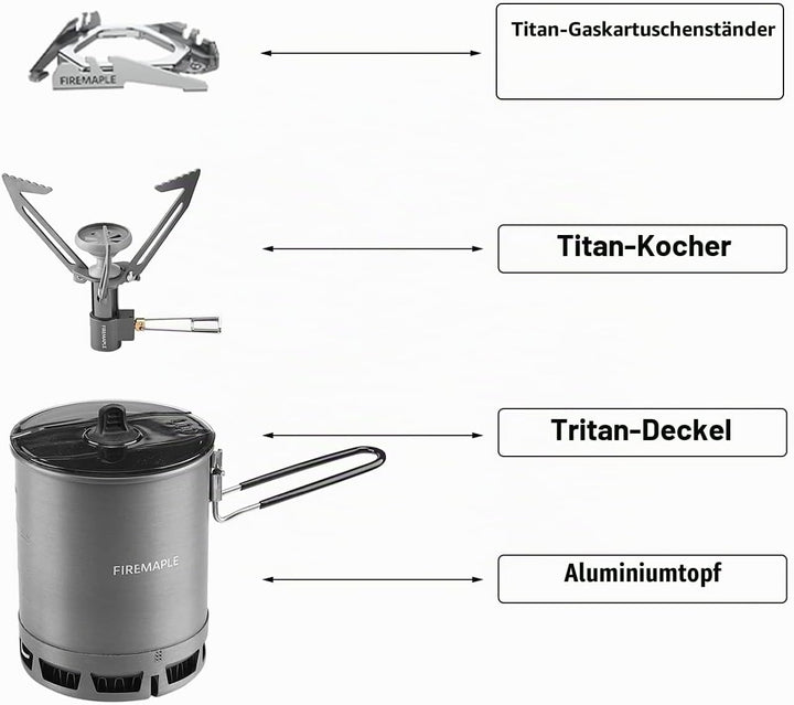 Fire-Maple G3 Camping-Küchenset Ultraleicht mit Aluminium-Topf, Titan-Kocher, Gabel und Löffel aus T