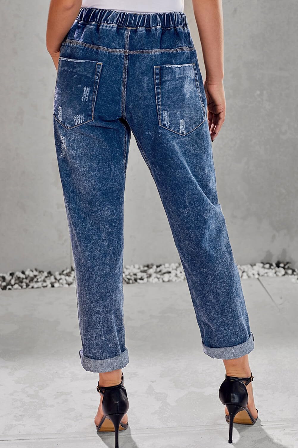 Alaster Queen Jeans Damen Lässig High Waist Jeans Baggy Jeans Damen Knie Zerrissen Jeans 209-marineb