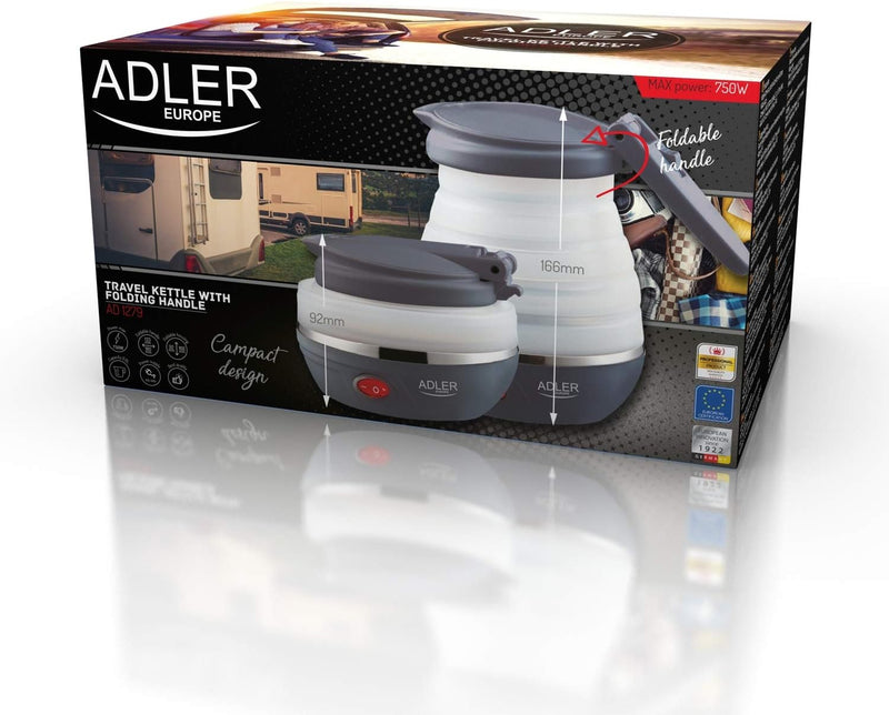 Adler AD1279 Elektrischer Wasserkocher, faltbar, 0,6 Liter, 750 W, BPA-frei, Silikon, Weiss und Dunk