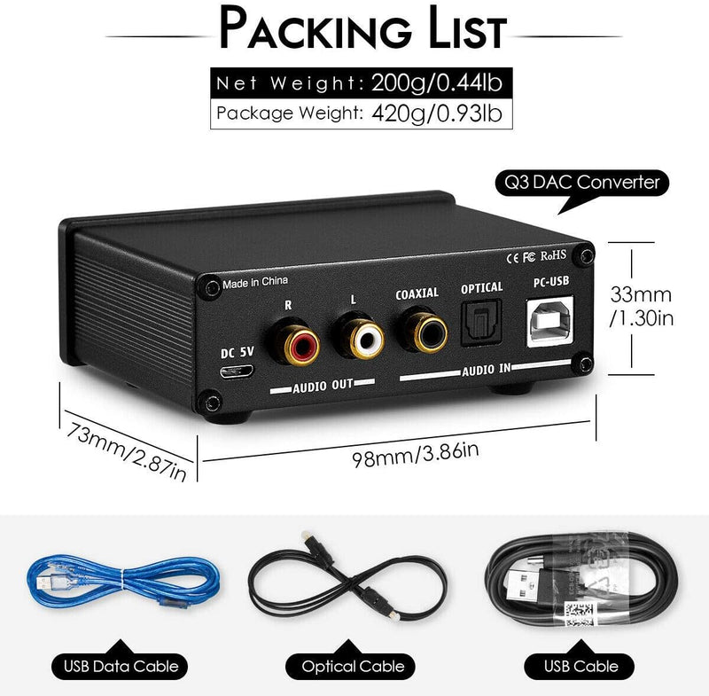 Nobsound Audio Q3 Kopfhörer Verstärker Mini Stereo DAC USB/Optisch/Koaxial zu RCA AUX 24 Bit/192 kHz