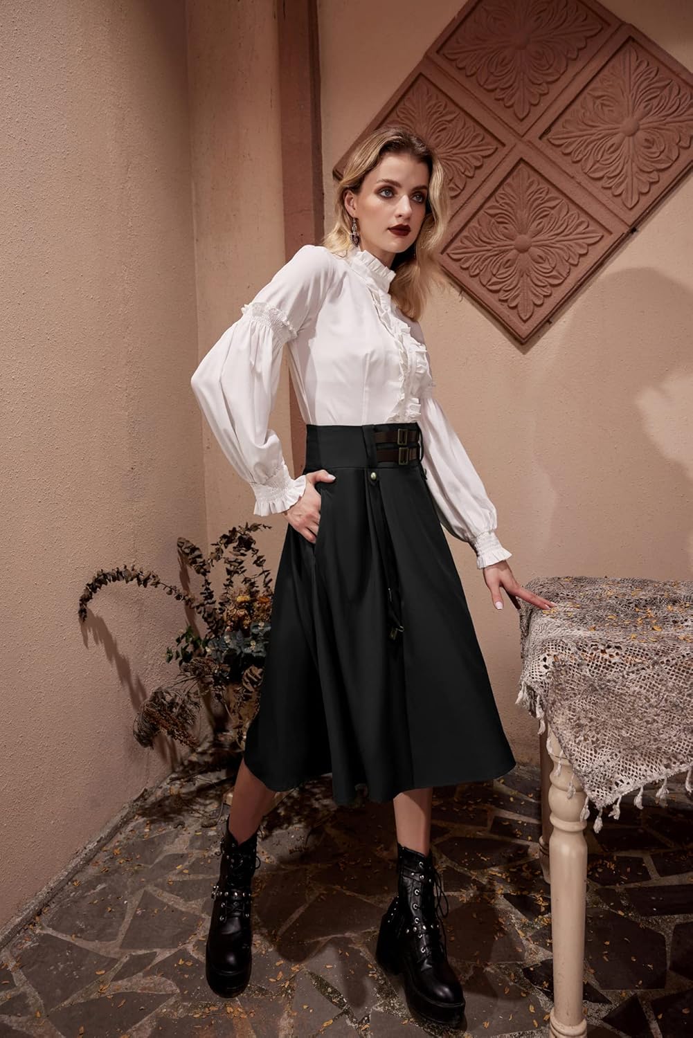 SCARLET DARKNESS Damen Mittelalter Rock Steampunk Knielang mit Schnalle und Riemen Gothic Rock Pirat