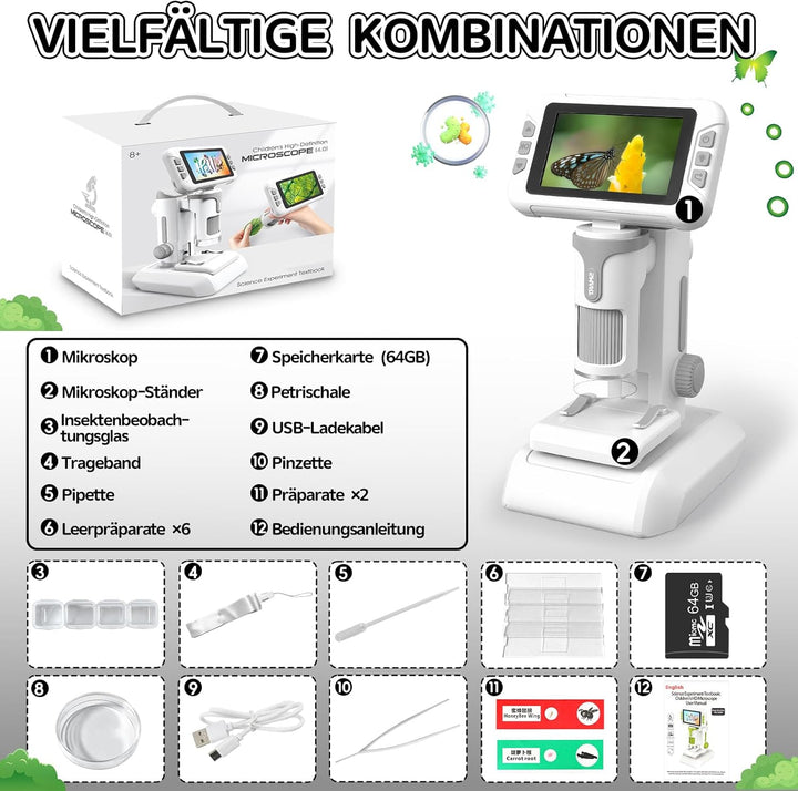 Mikroskop für Kinder, Digitales Mikroskop mit 4 Zoll LCD-Display und 1600X Grosse Vergrösserung, Mic