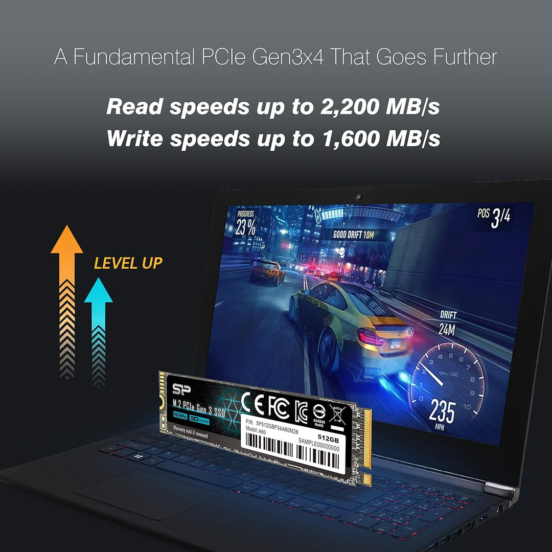 Silicon Power PCIe M.2 NVMe SSD 512GB Gen3x4 R/W up to 2, 200/1, 600MB/s Internal SSD 512GB A60, 512