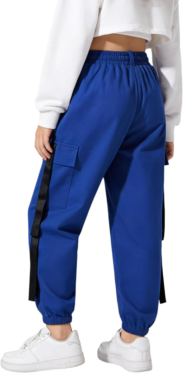 Rolanko Mädchen Hip Hop Hose Kinder Cargohose Elastische Jogginghose für Streetwear Tanz Blau 6-7 Ja