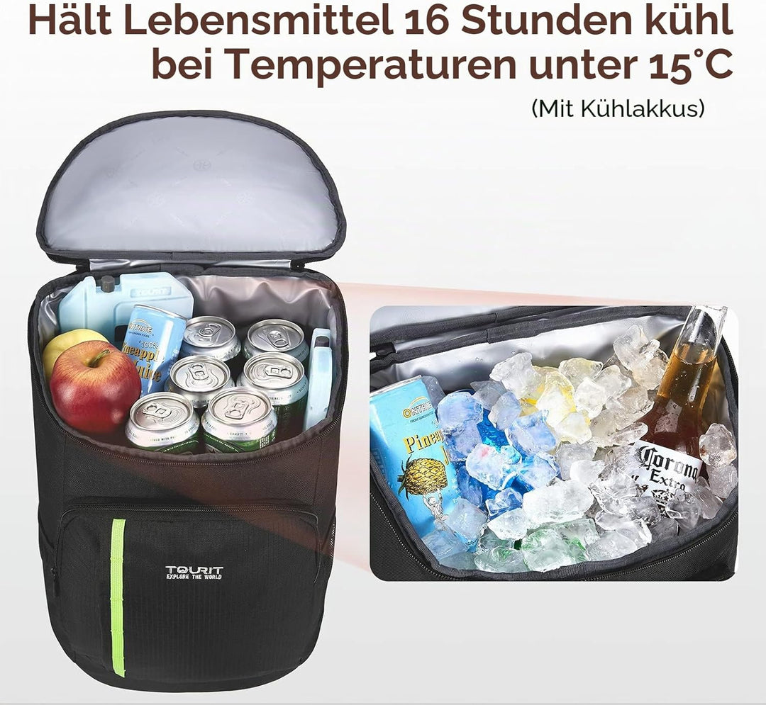 TOURIT 28L Kühler Rucksack Leichter Rucksack mit Flaschenöffner Hält 30 Dosen Schwarz