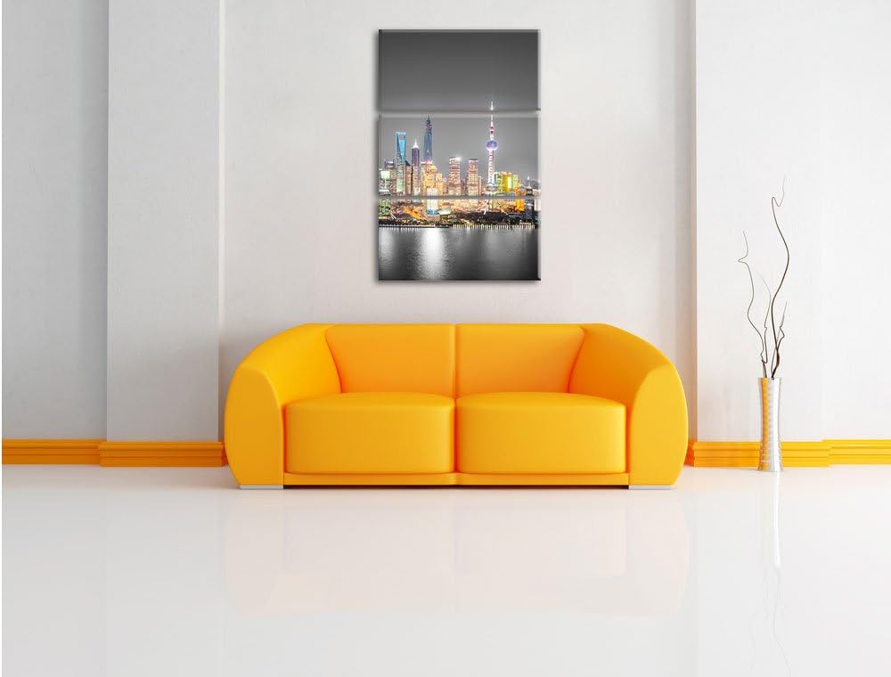 Pixxprint Shanghai Skyline bei Nacht als Leinwandbild/Grösse: 3 Teilig (120x80 cm) cm/Wandbild/Kunst