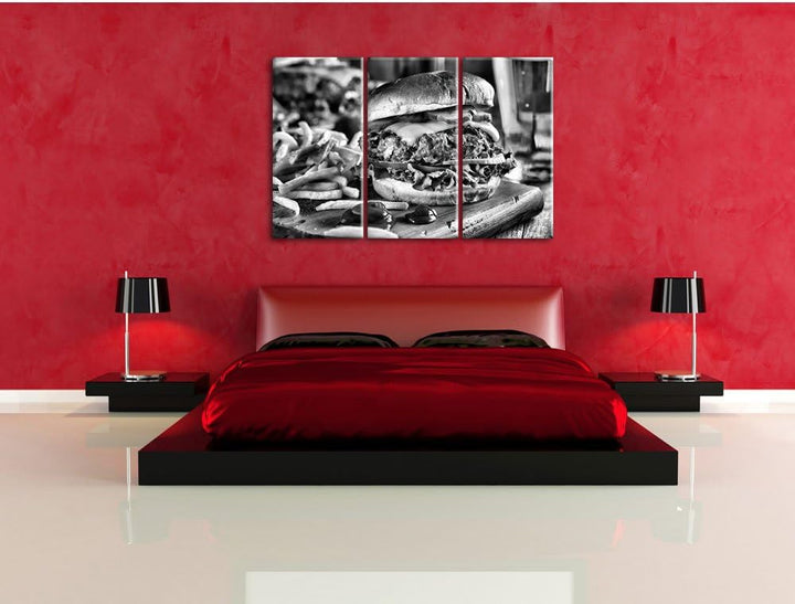 Pixxprint Saftiger Chili Cheese Burger als Leinwandbild/Grösse: 3 Teilig (120x80) cm/Wandbild/Kunstd