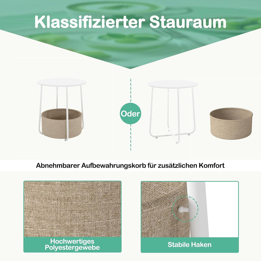 GYMAX Beistelltisch rund, Kleiner Tisch mit 2 Ebenen &amp; abnehmbarem Stoffkorb, Sofatisch mit Metallra